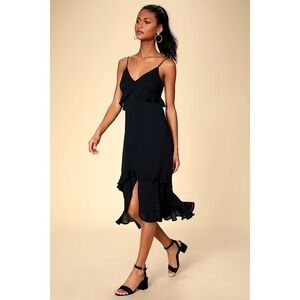 Lulus Black Ruffle Midi Dress Sz L V-Neck Sleeveless Slip Cocktail Party LBD